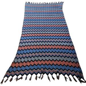 Vintage Handmade Chevron Crochet Blanket Blue Pink 1970s‎ Afghan 95" X 50" Throw